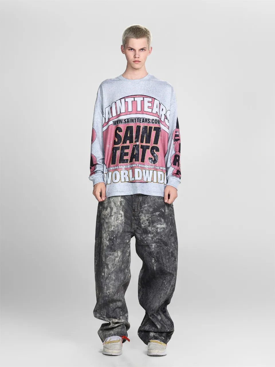 Saint michael tears all-over printed long-sleeved vintage autumn and winter T-shirt Style number: 101 Size: M L XL Wholesale price: 136 Color: floral gray green